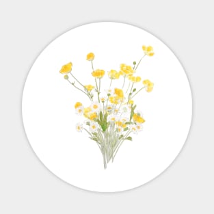 yellow buttercup and white daisy flowers bouquet ink and watercolor Magnet